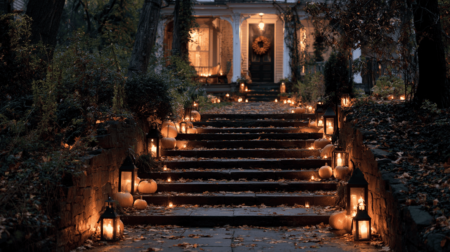 Glowing Lantern Pathway On Fall Porch