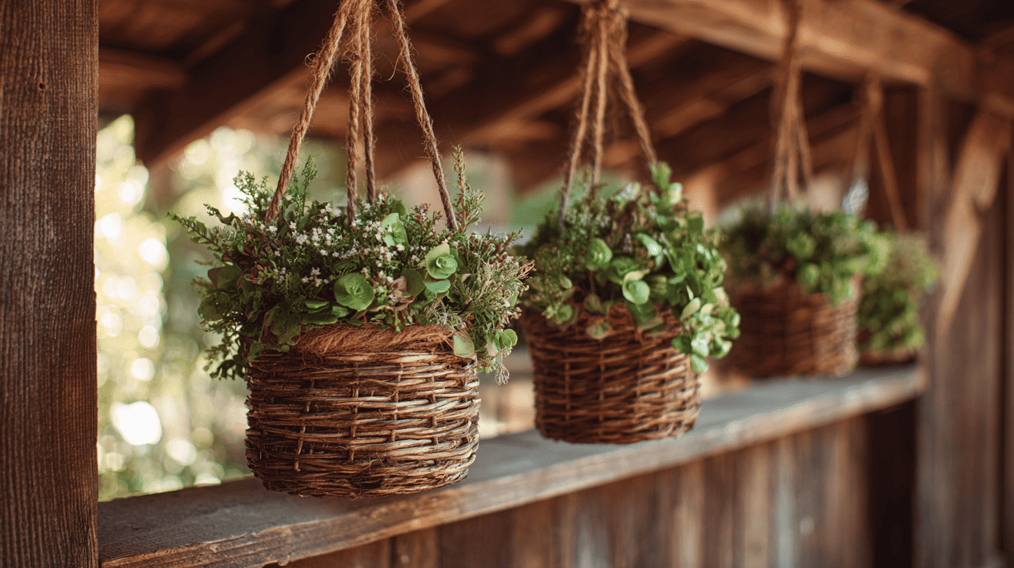 Hanging Baskets With Fall Foliage On Porch