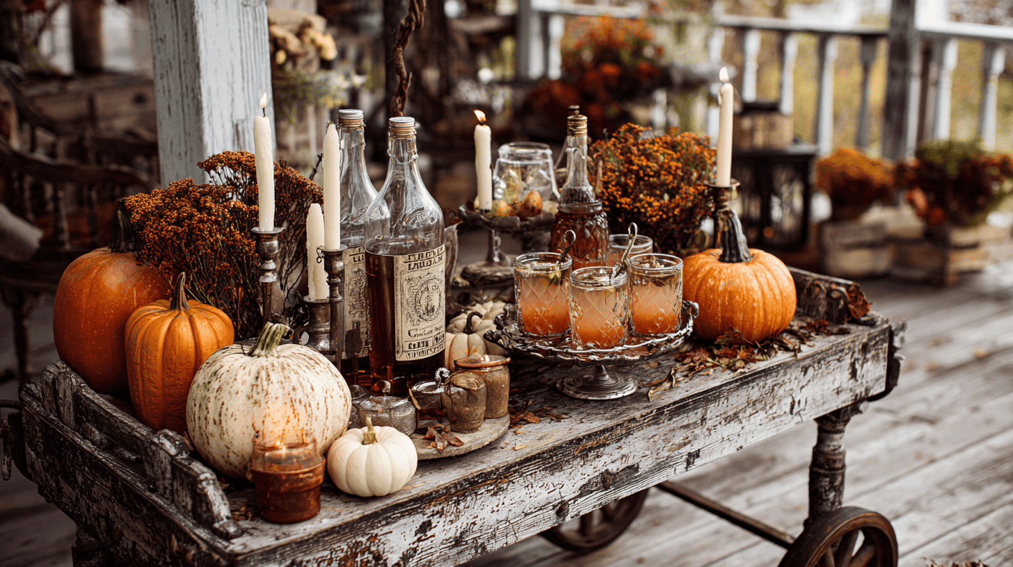 Harvest Bar Cart With Autumn Drinks On Porch
