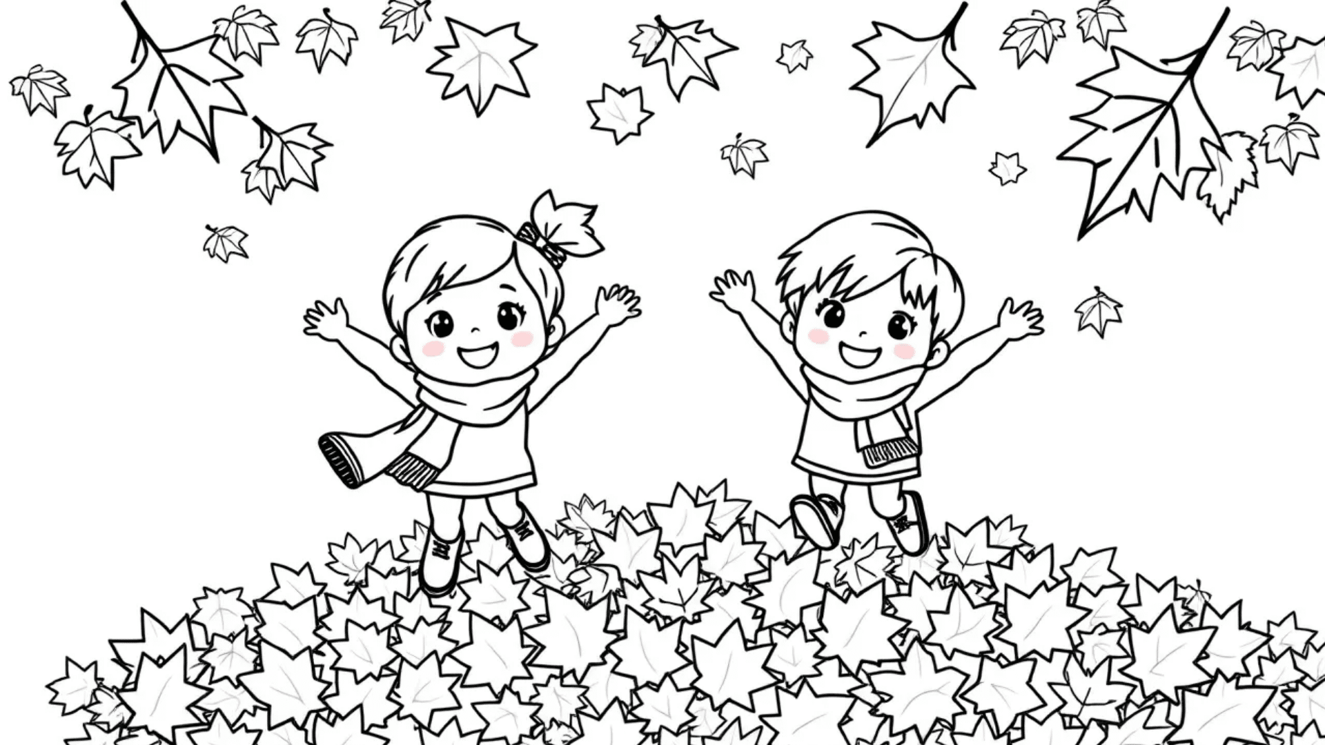 Kids jumping in a leaf pile