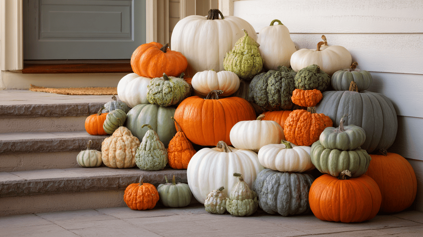 Large Stack Of Pumpkins On Porch Entryway