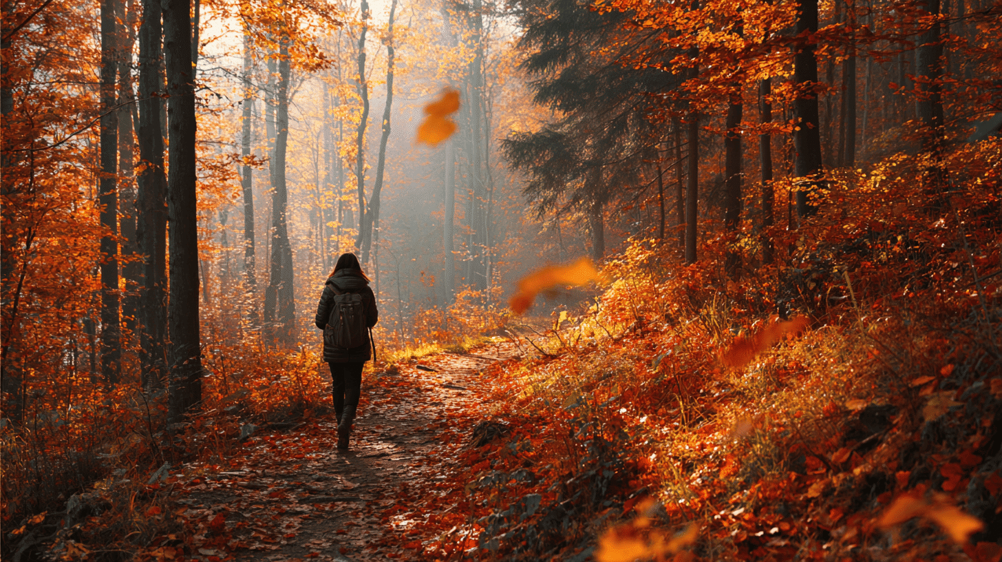 Leaf Peeping Hike In Autumn Forest With Solo Hiker