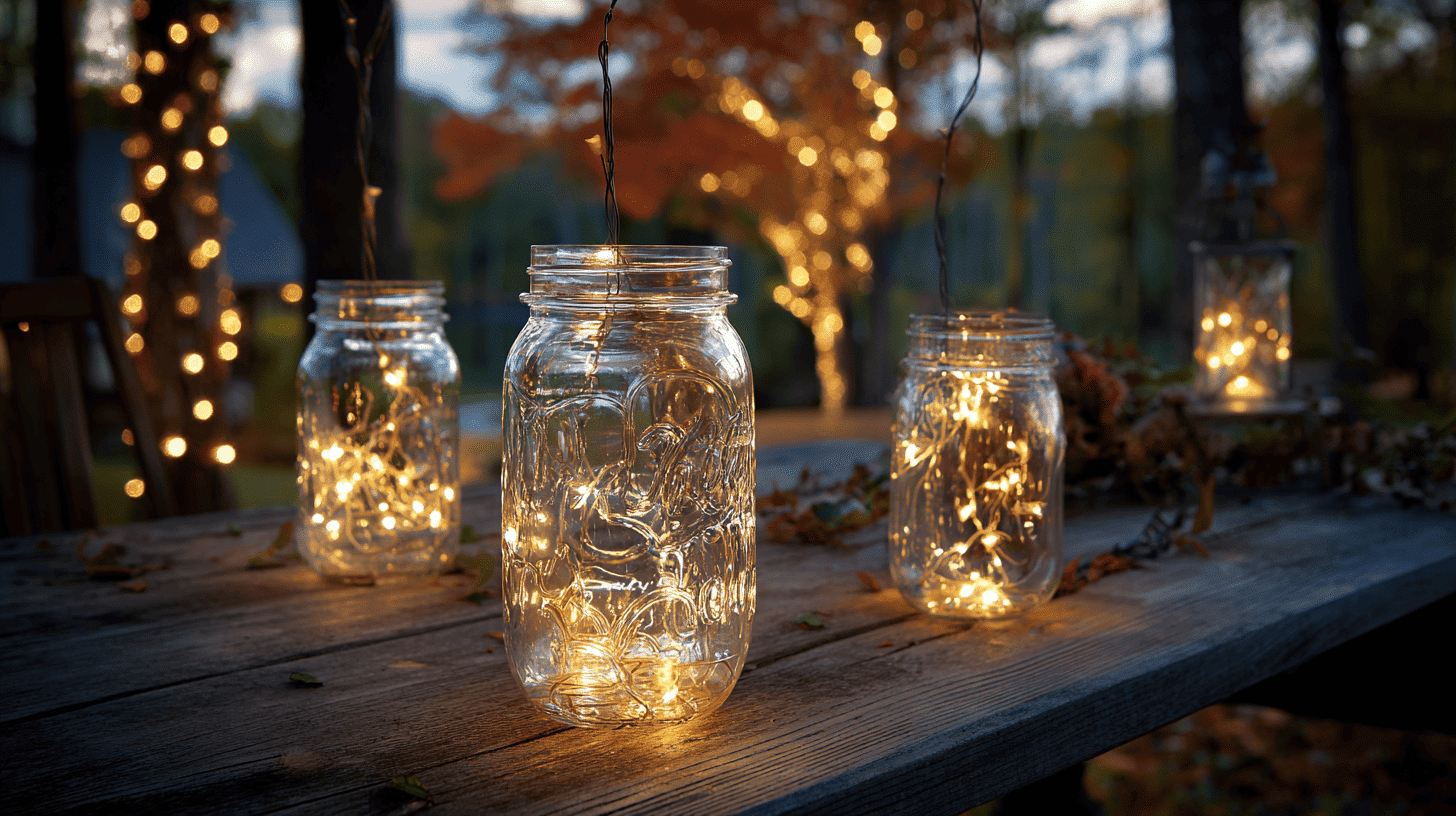 Mason Jars With Fairy Lights On Porch