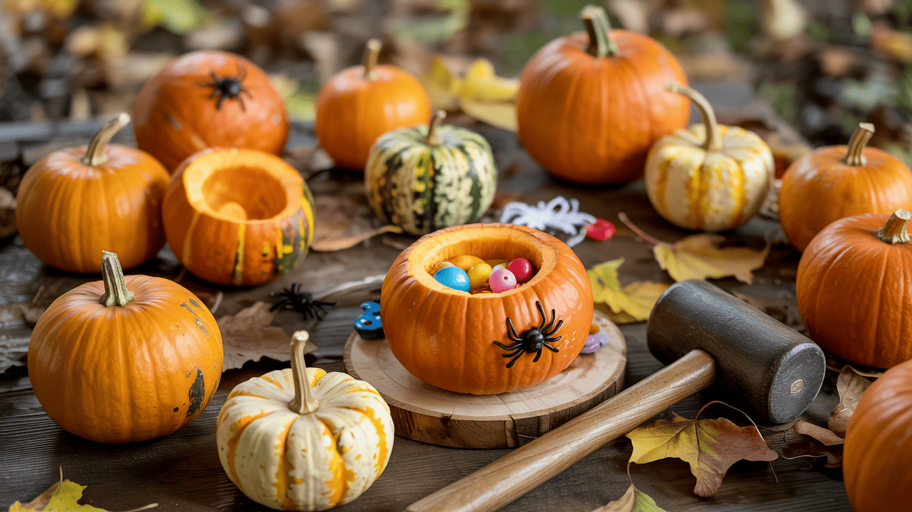 Mini Pumpkins Smashing With Treasures Candy Toys Spiders (1)