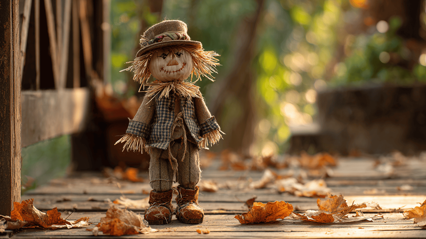 Mini Scarecrow On Garden Porch With Fall Leaves