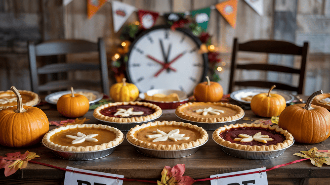 Pie Eating Contest Set Up With Pumpkin Pies (1)