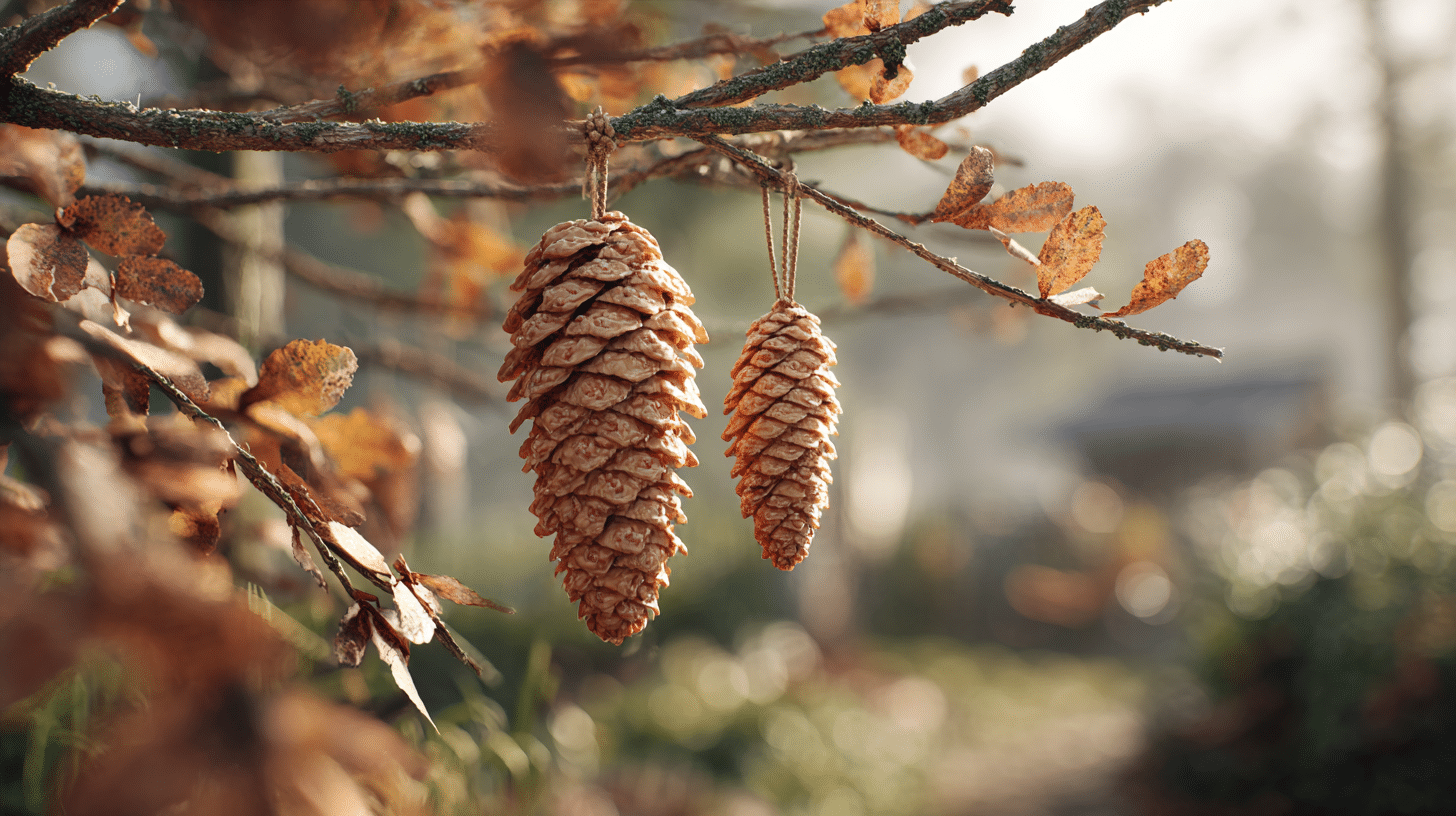 Pinecone Bird Feeders Hanging On Tree Branches In Backyard Fall