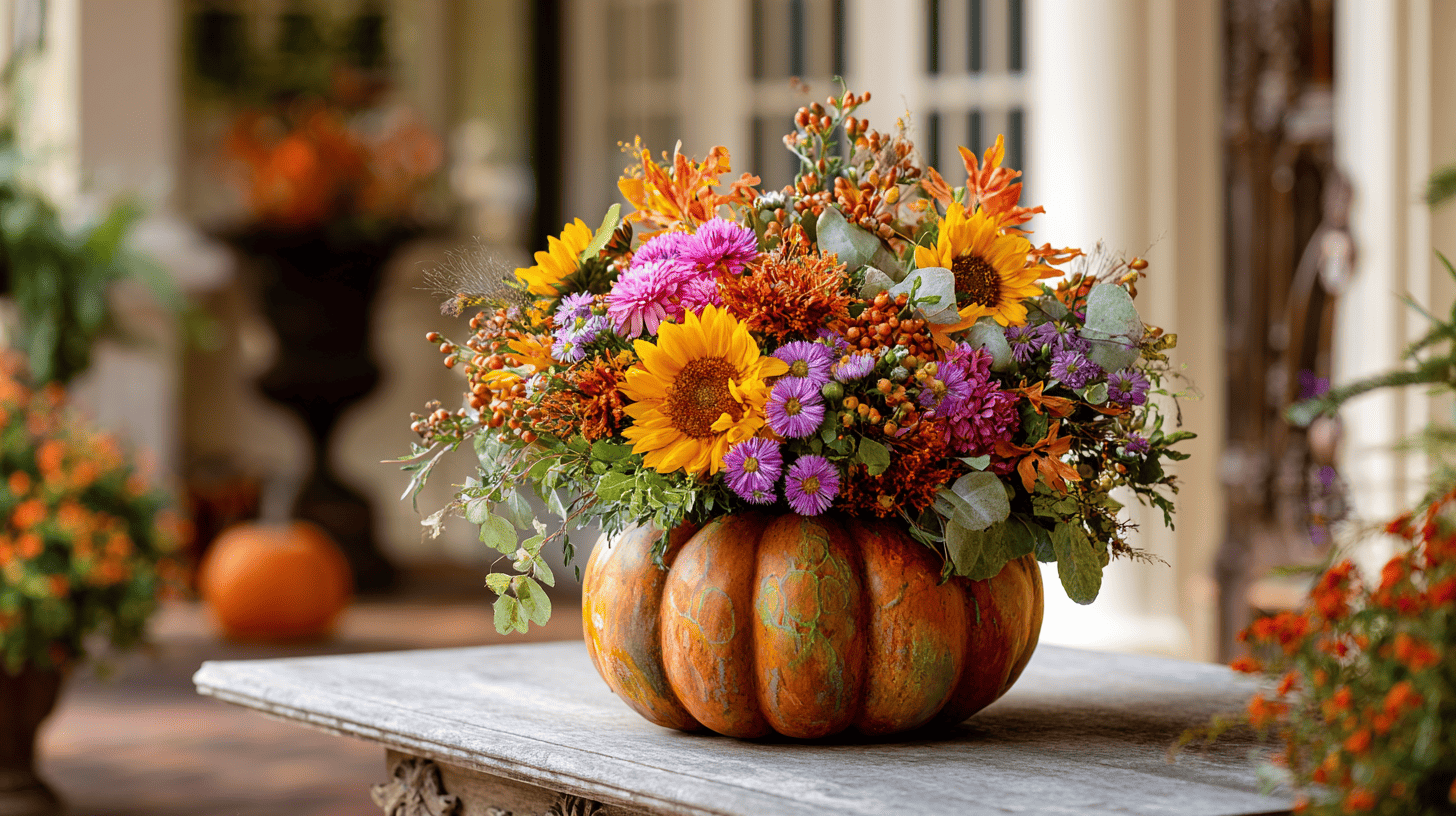 Pumpkin And Floral Centerpiece On Porch Table