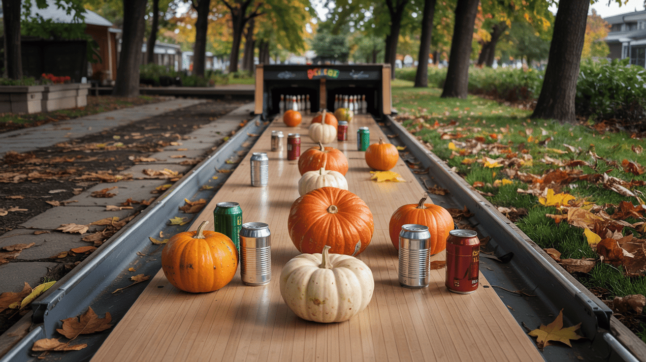 Pumpkin Bowling Game With Pins And Fall Decor
