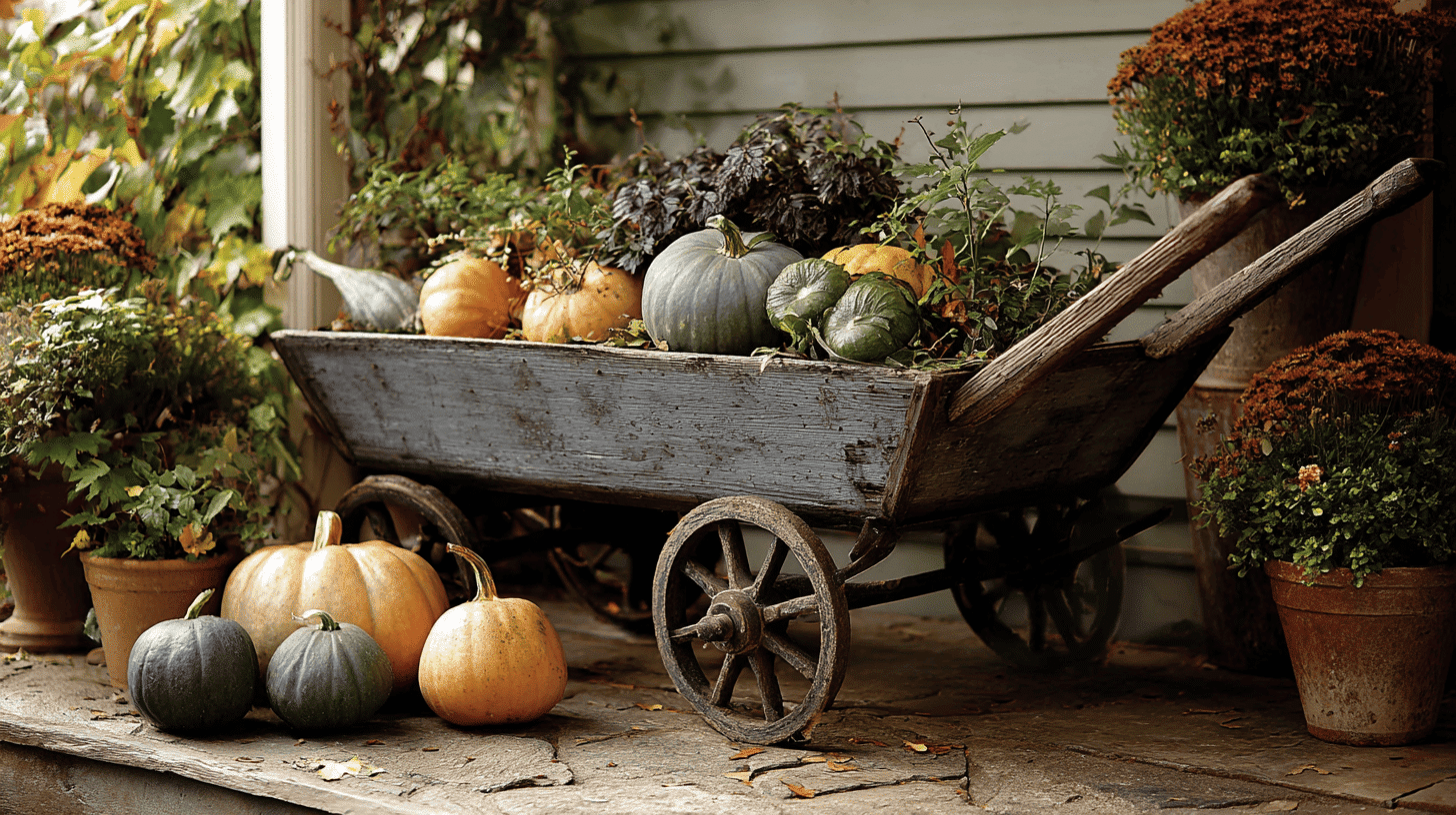 Pumpkin Patch In Wheelbarrow On Porch