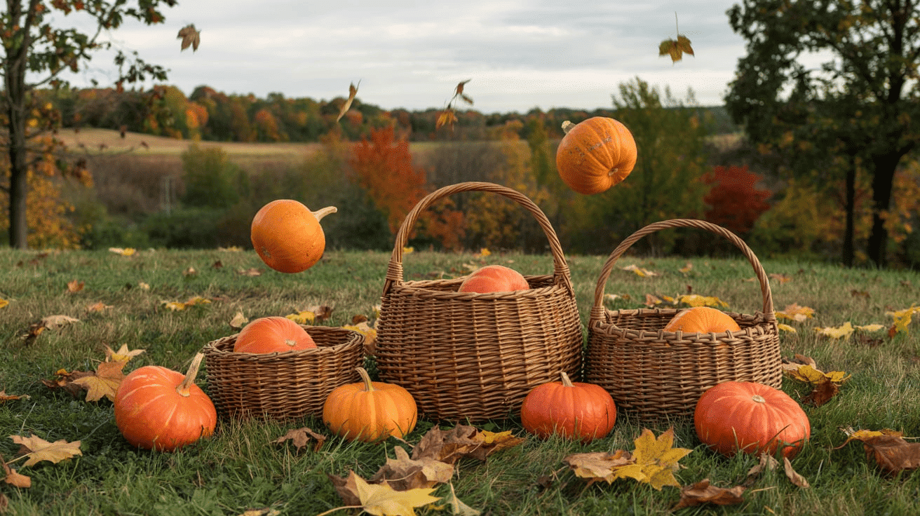 Pumpkin Toss Game Set Up With Baskets