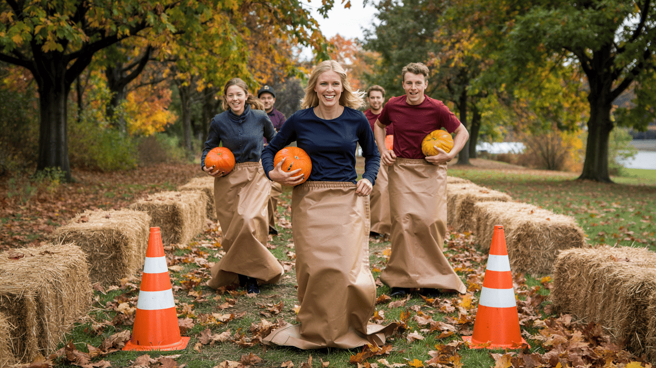 Relay Races With Fall Twist Pumpkin Carrying And Sack Hop (1)