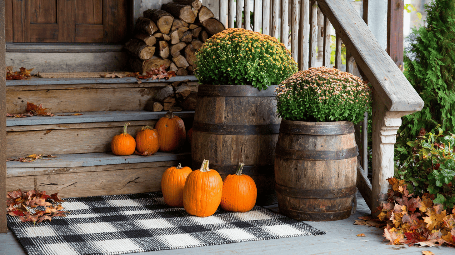 Rustic Barrels With Pumpkins On Porch