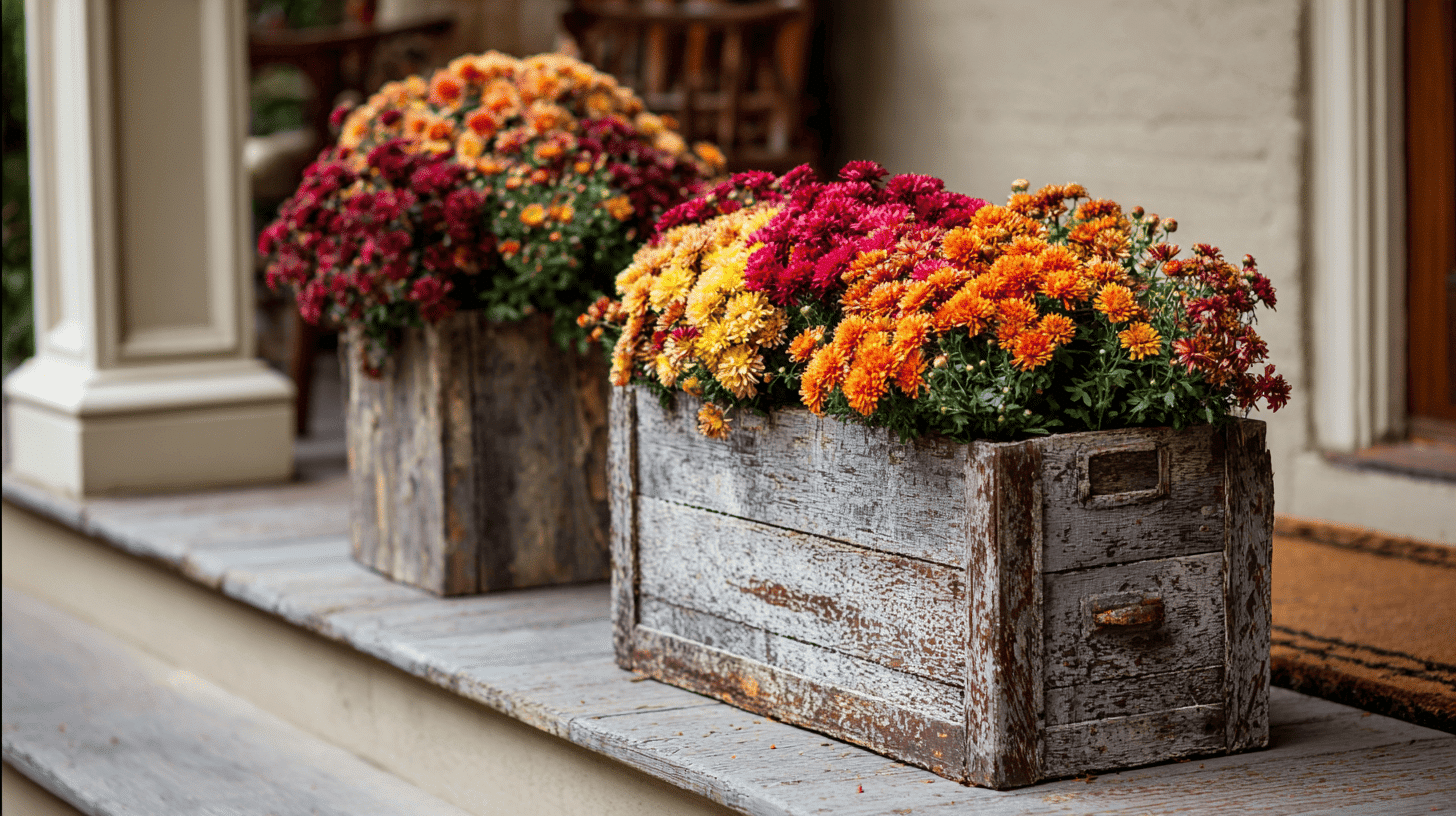 Rustic Planters With Fall Flowers On Porch