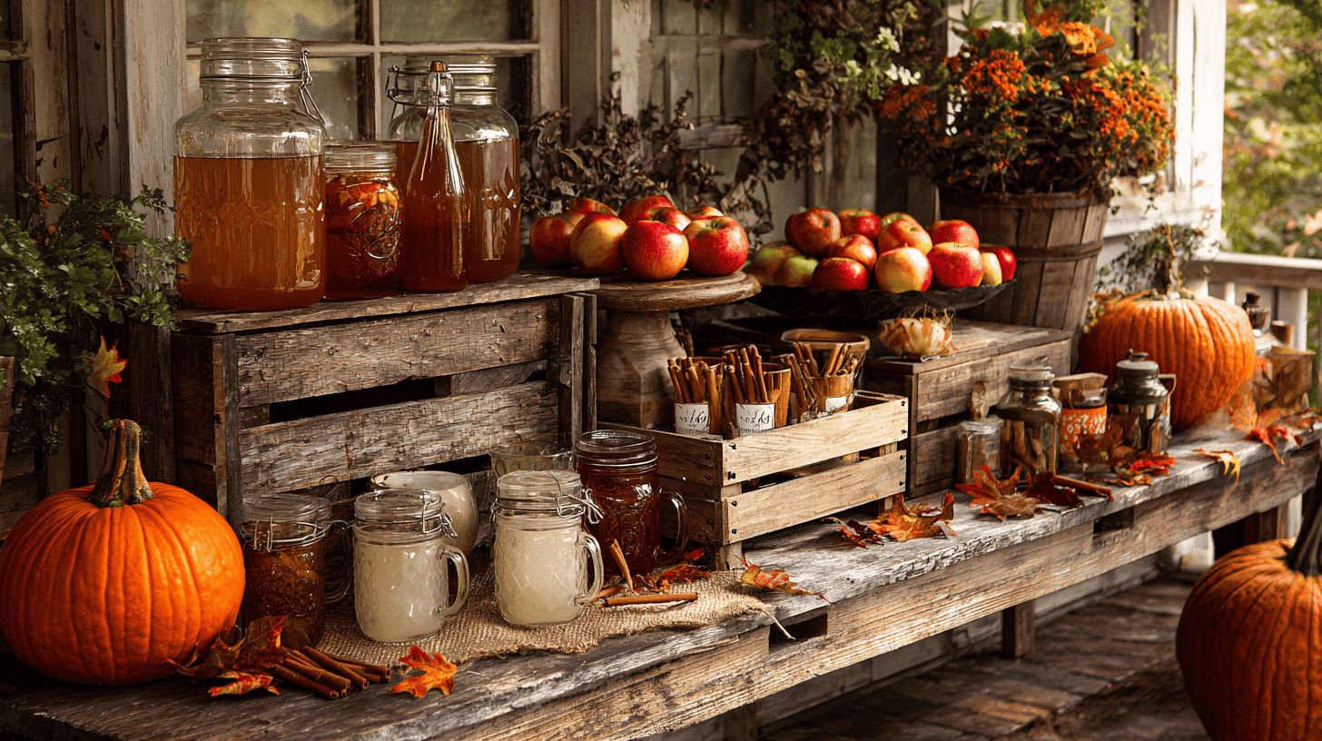 Rustic Porch With Apple Cider Bar And Fall Decor