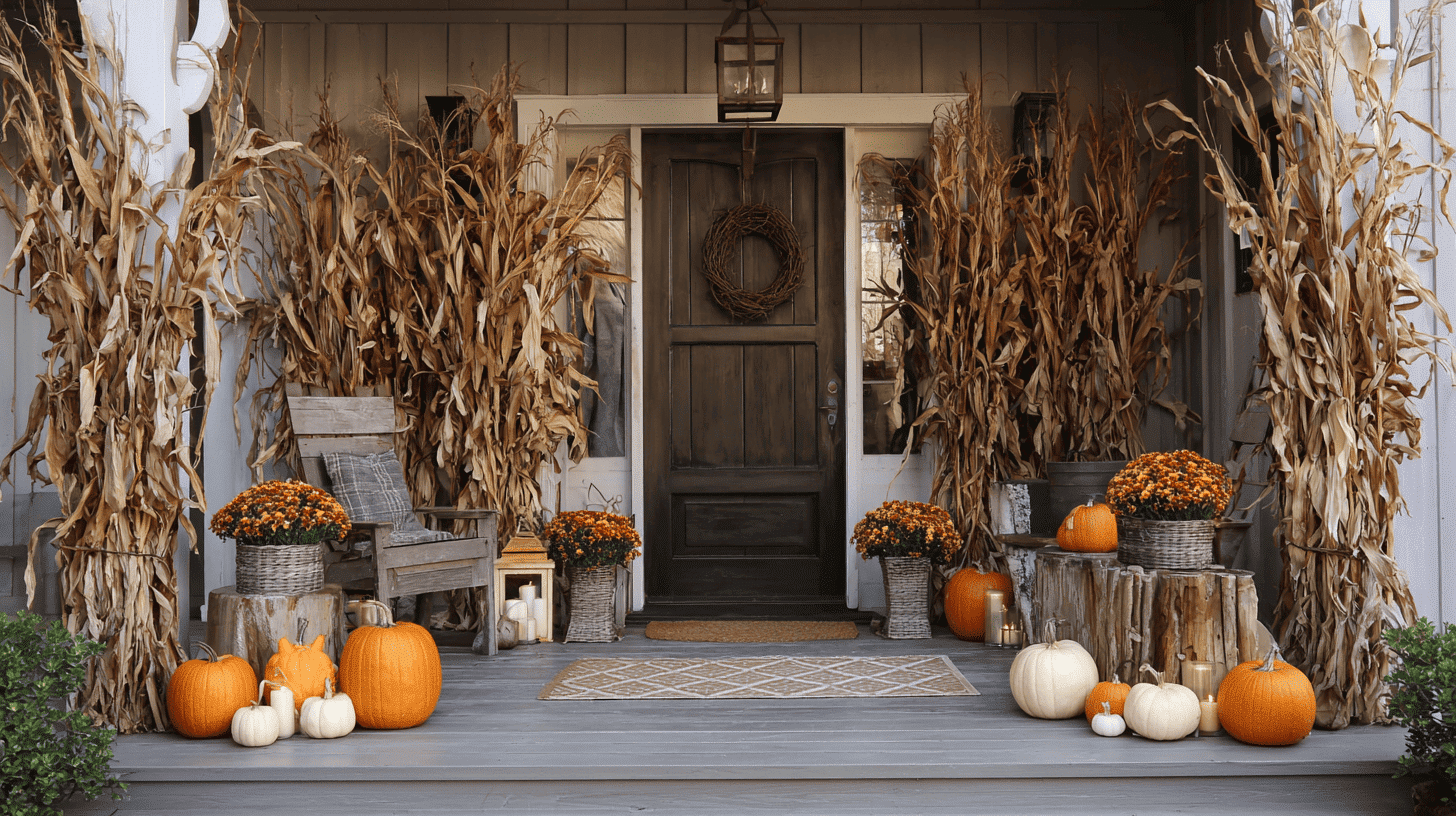 Rustic Porch With Cornstalks And Pumpkins