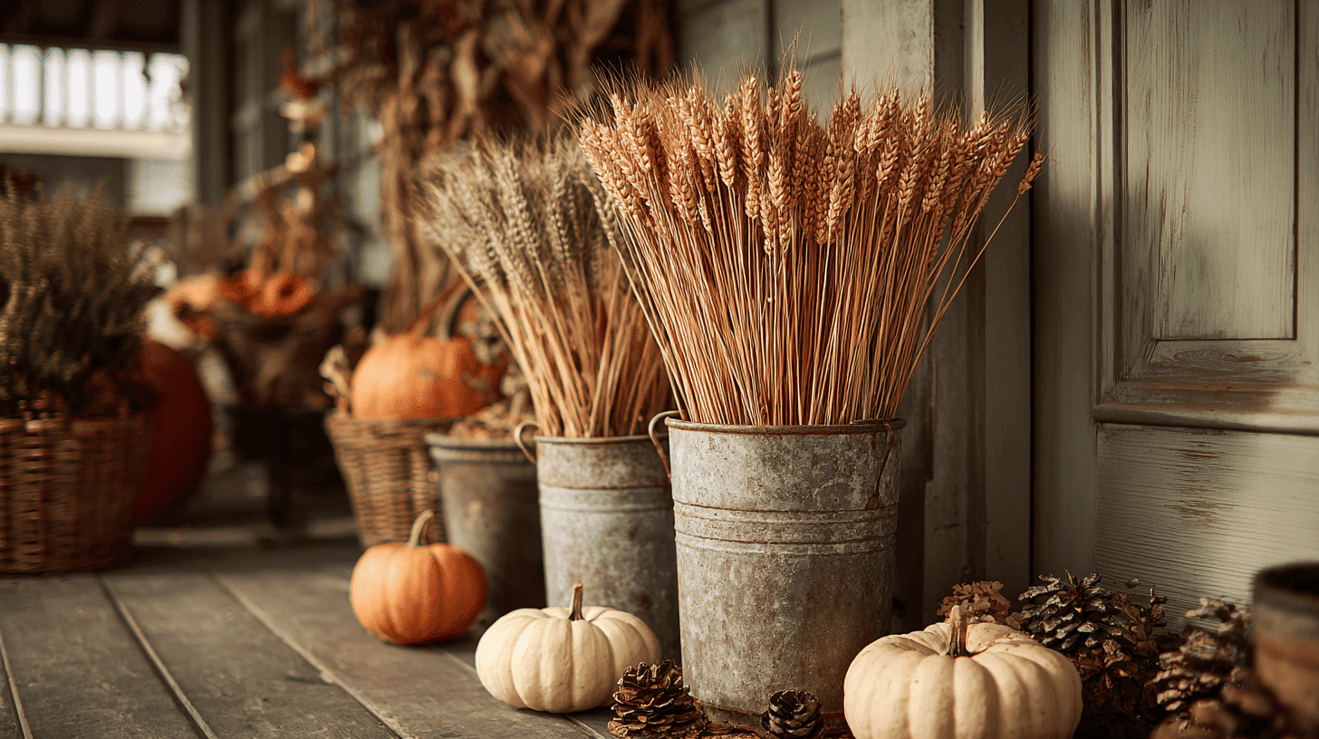 Rustic Porch With Dried Wheat Bundles And Pumpkins