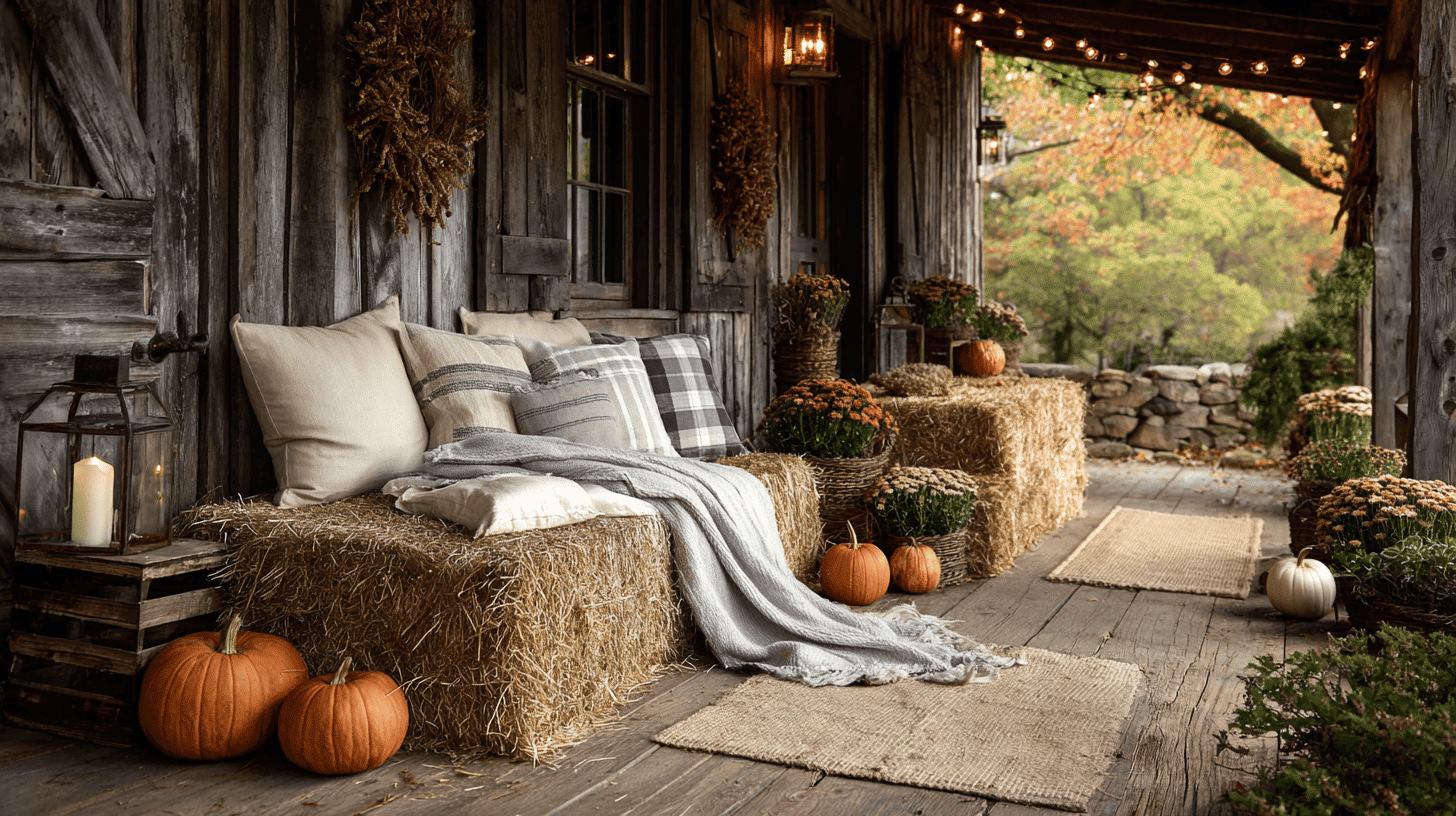 Rustic Porch With Hay Bale Seating And Fall Decor
