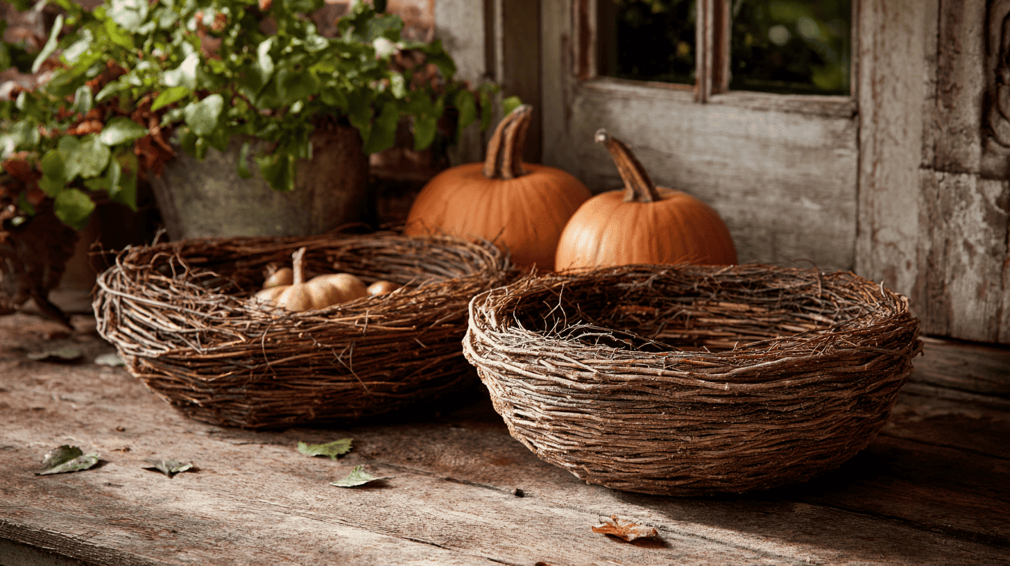 Rustic Porch With Pine Needle Baskets And Fall Decor
