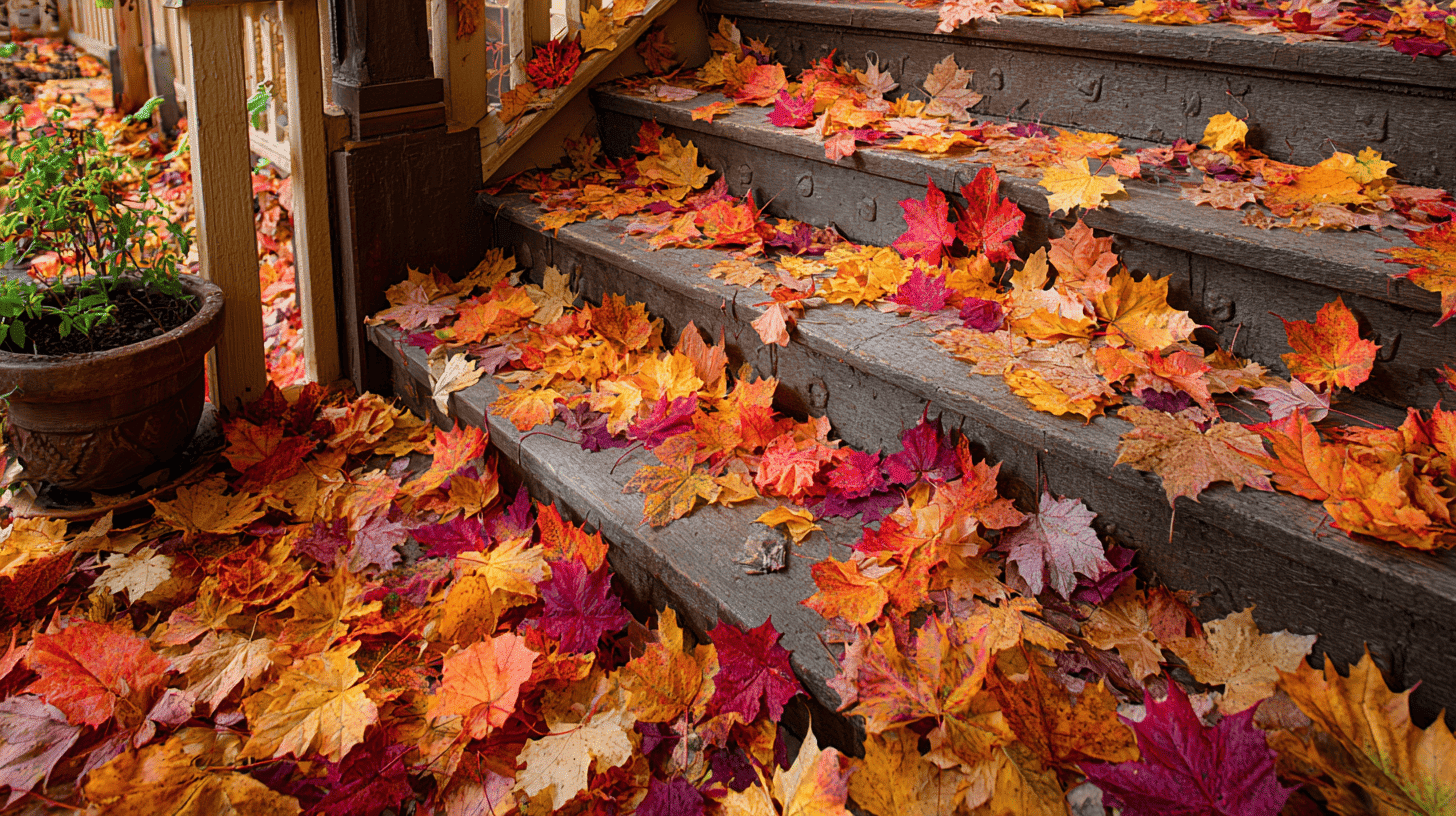 Rustic Porch With Scattered Autumn Leaves