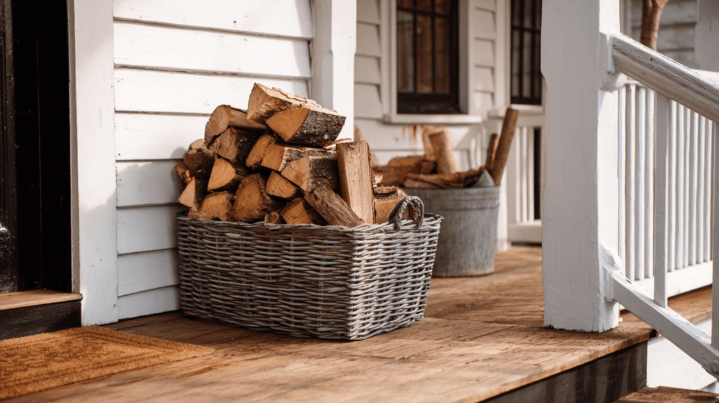Rustic Porch With Stacked Firewood And Fall Decor