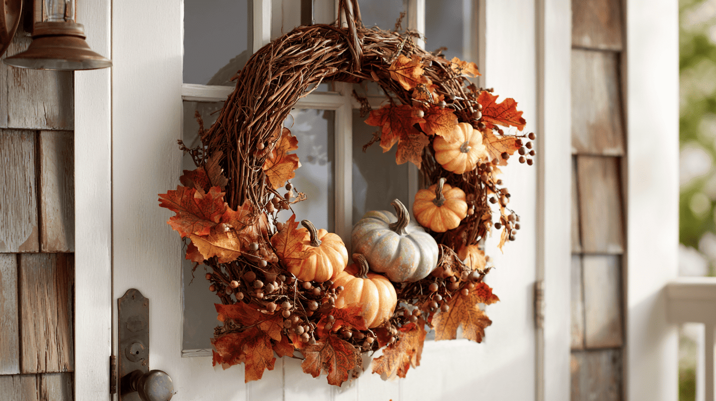 Rustic Porch With Twisted Vine Wreath And Autumn Decor