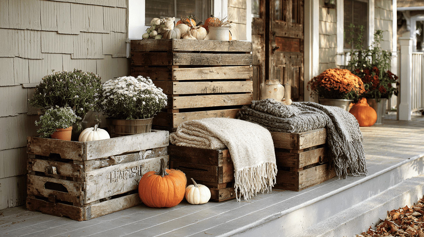 Rustic Porch With Wooden Crates Displaying Fall Decor