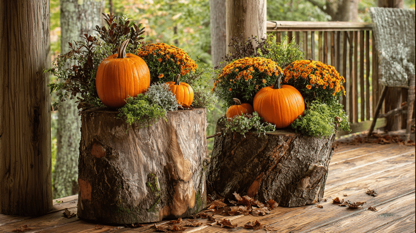 Rustic Porch With Wooden Stump Planters And Fall Foliage