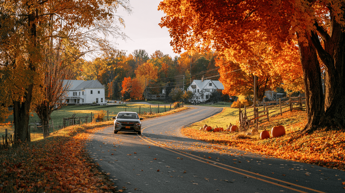 Scenic Fall Drive Through Countryside With Colorful Trees