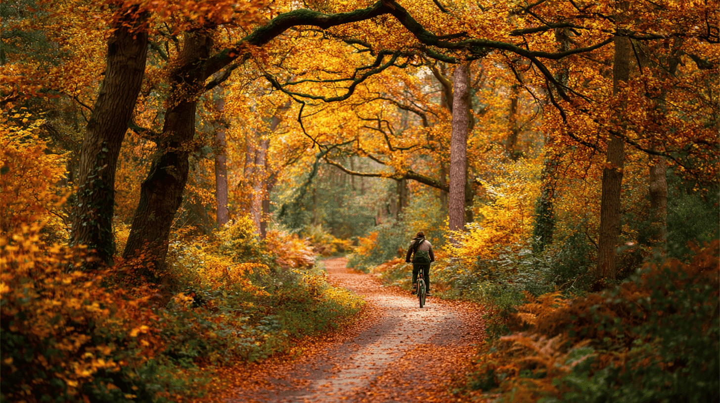 Solo Bike Ride On Leaf Covered Trail In Autumn Forest