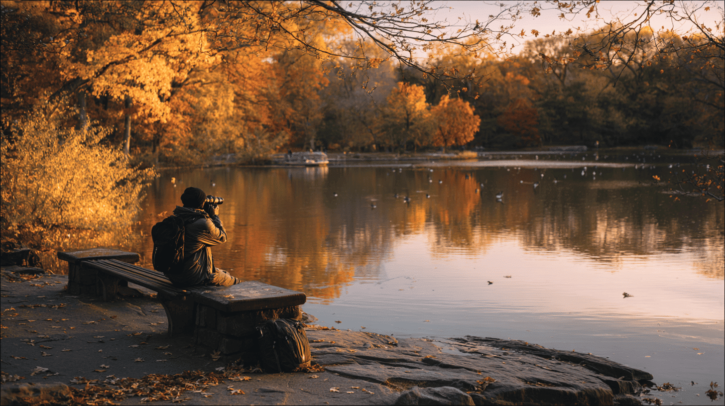 Solo Birdwatching In Autumn Park With Colorful Foliage