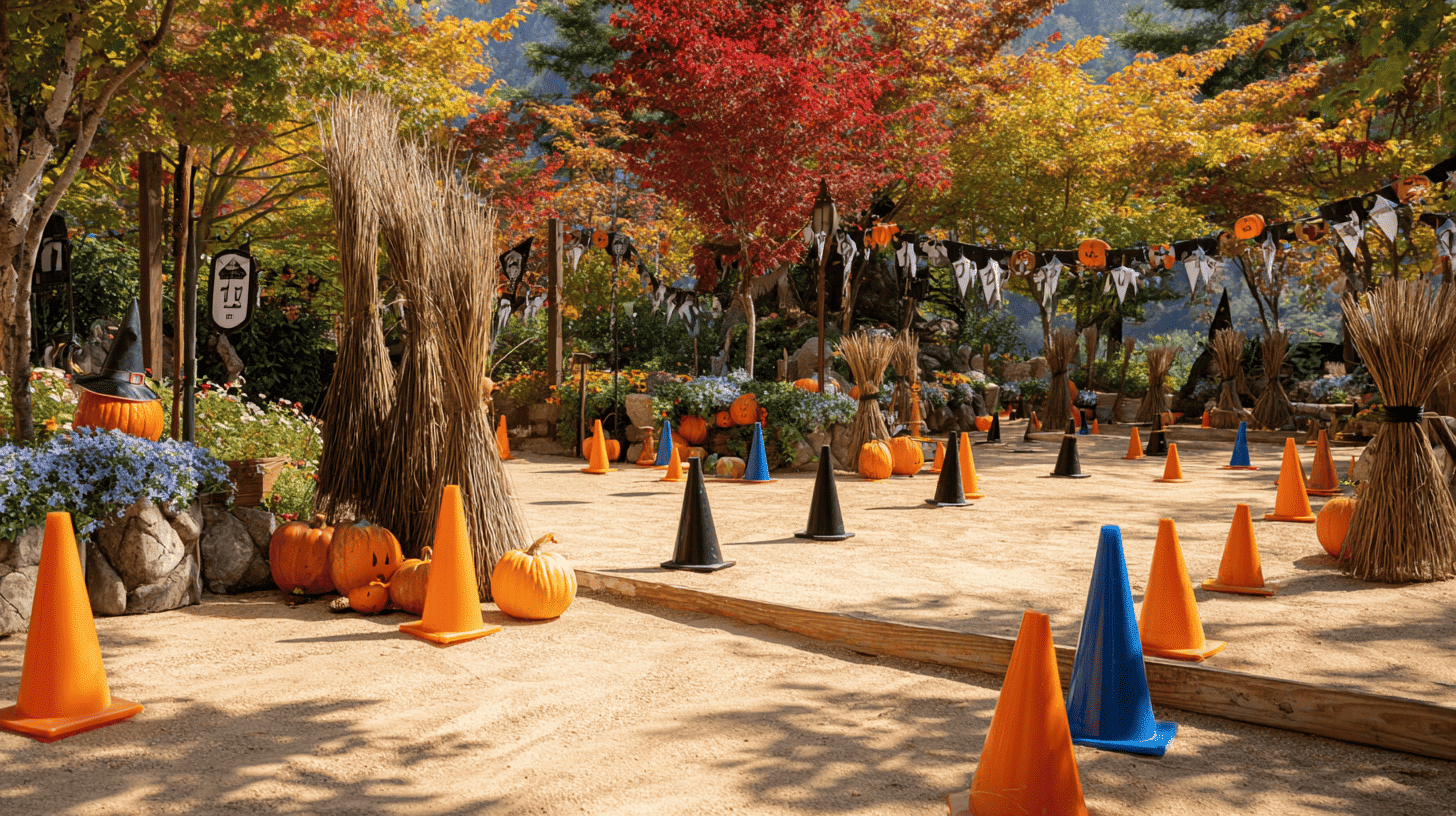 Spooky Relay Race Course With Pumpkins And Cones