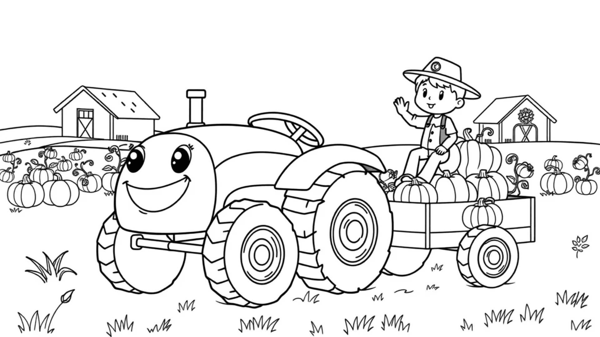 Tractor harvesting pumpkins