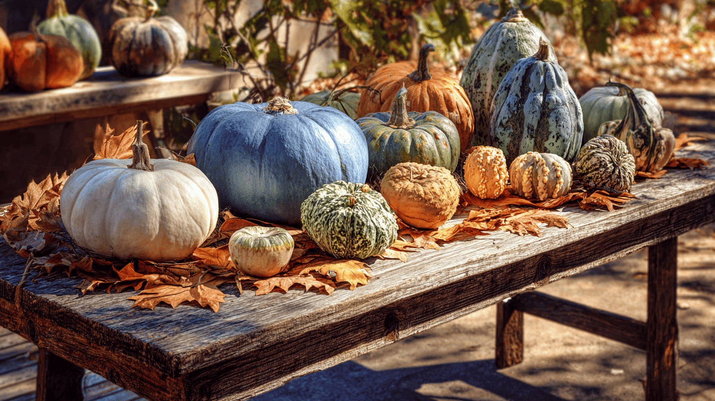 Variety Of Pumpkins On Farm Table With Fall Leaves