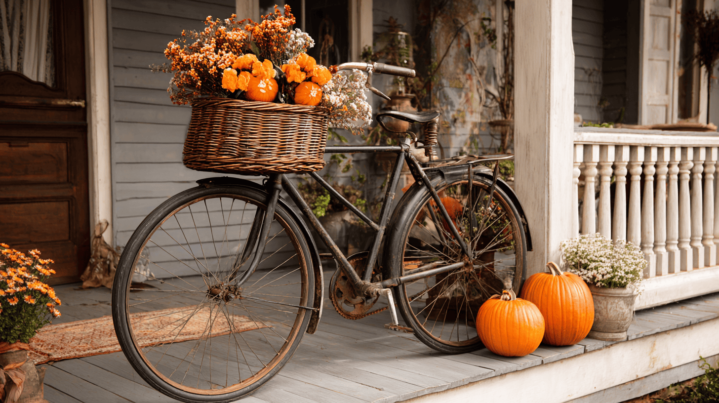 Vintage Bicycle With Pumpkins On Porch