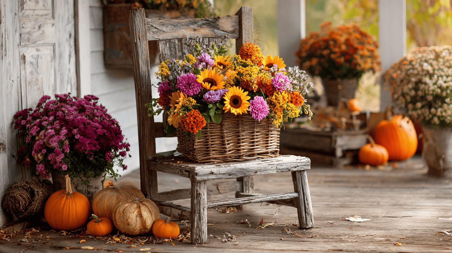 Vintage Chair With Fall Flowers On Porch