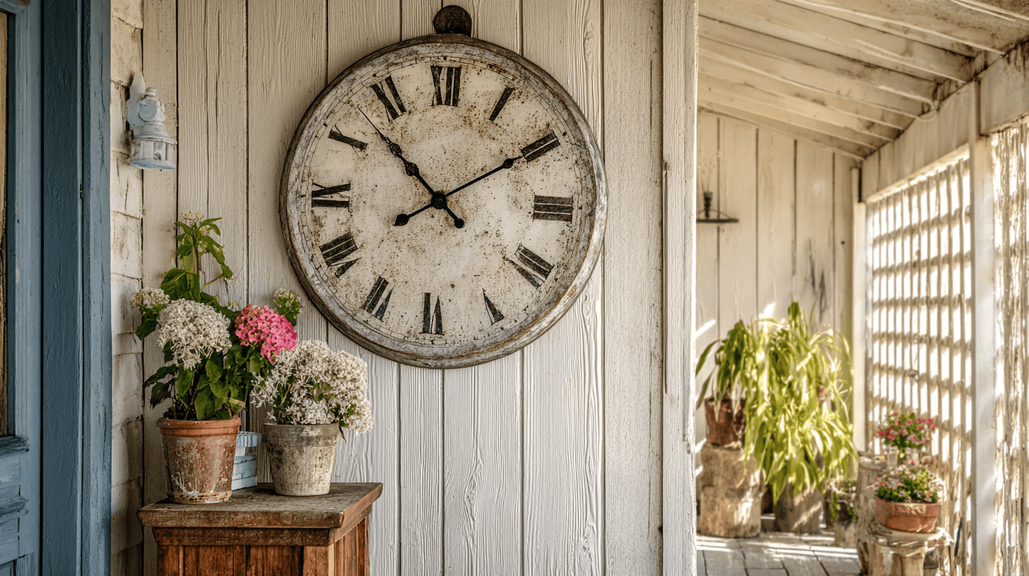 Vintage Farmhouse Clock On Porch Wall