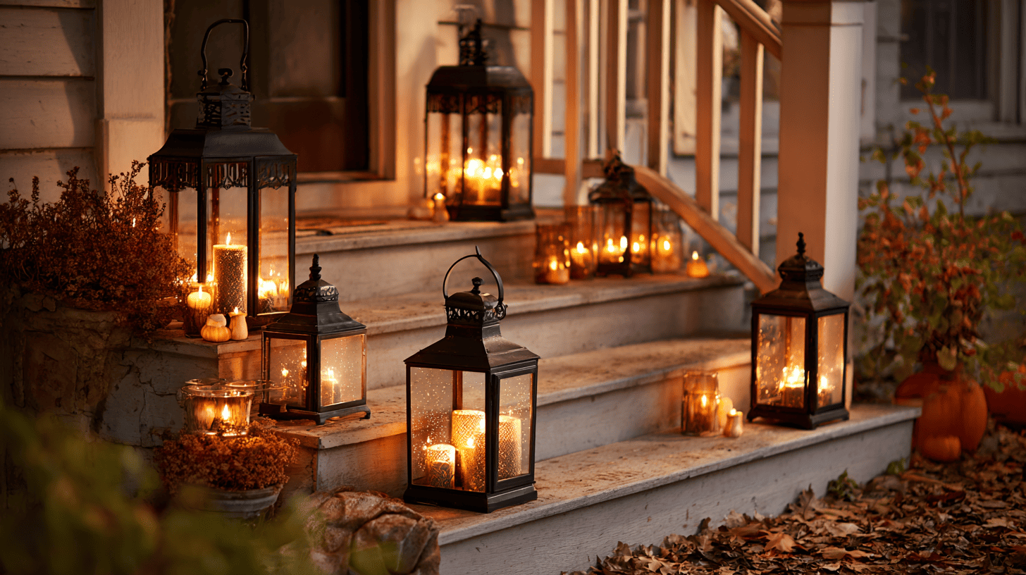 Vintage Lanterns On Porch With Candles