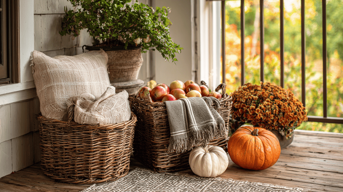 Wicker Baskets With Fall Decor On Porch