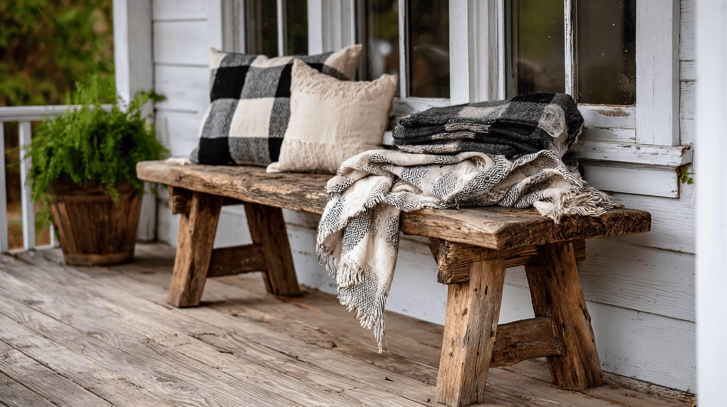 Wooden Bench On Porch With Fall Decor