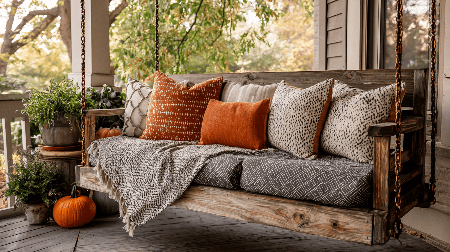 Wooden Porch Swing With Fall Pillows