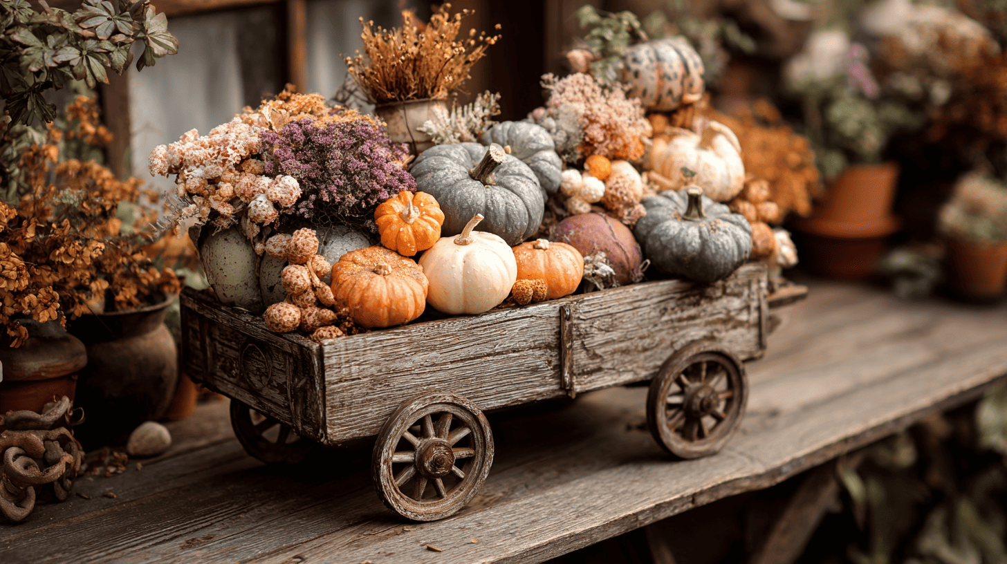 Wooden Wagon Filled With Fall Decor On Porch
