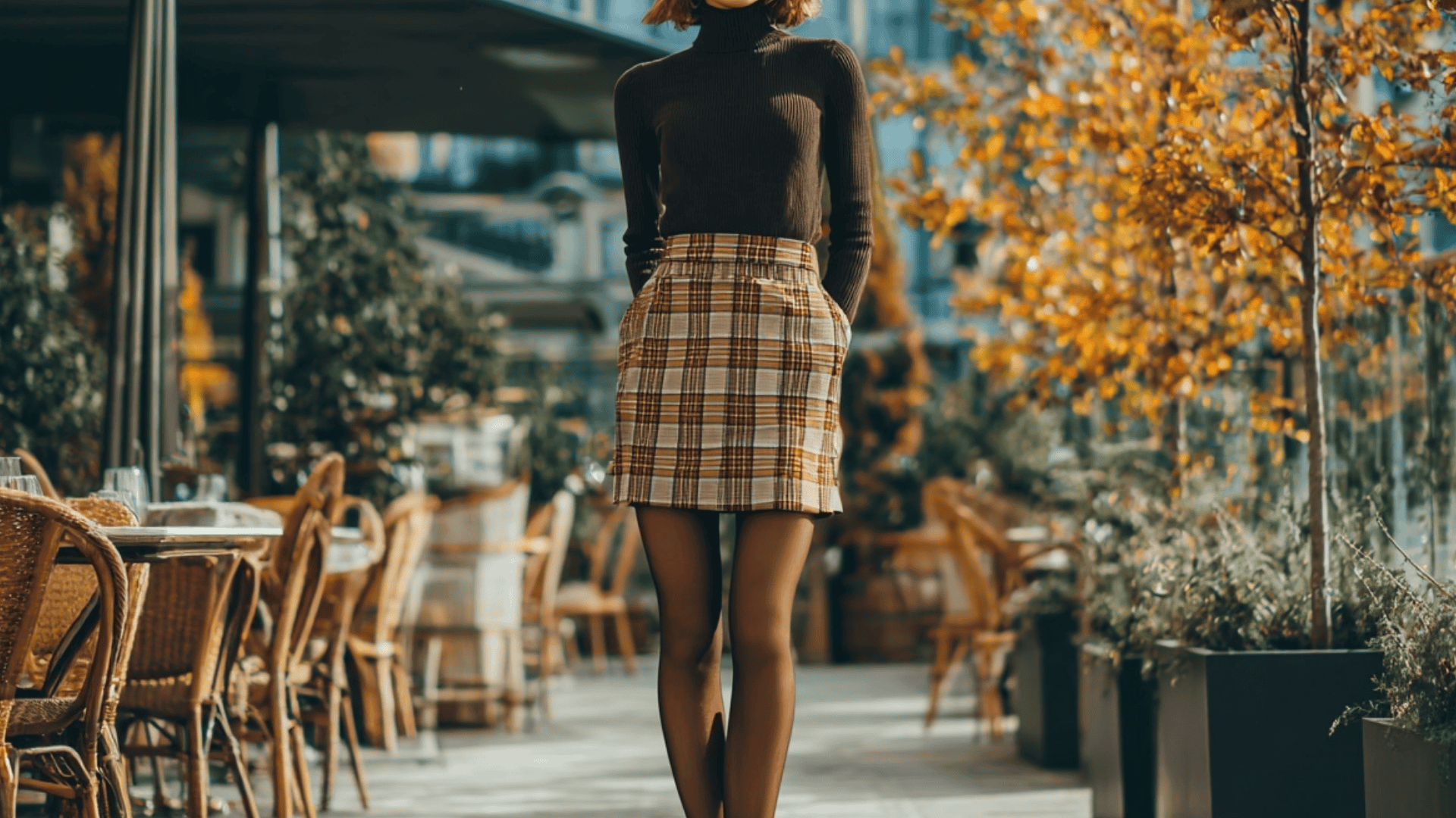 turtle neck and plaid skirt