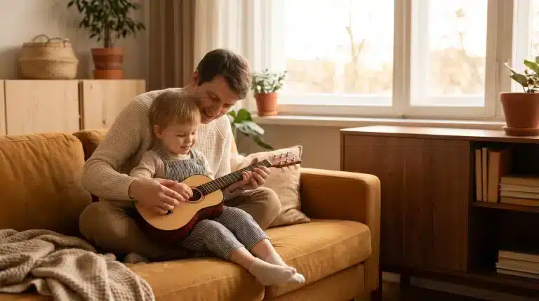 7 Ways Guitar Playing Becomes a Lifelong Skill for Families and Beginners Father and child playing guitar on cozy sofa in sunlit living room