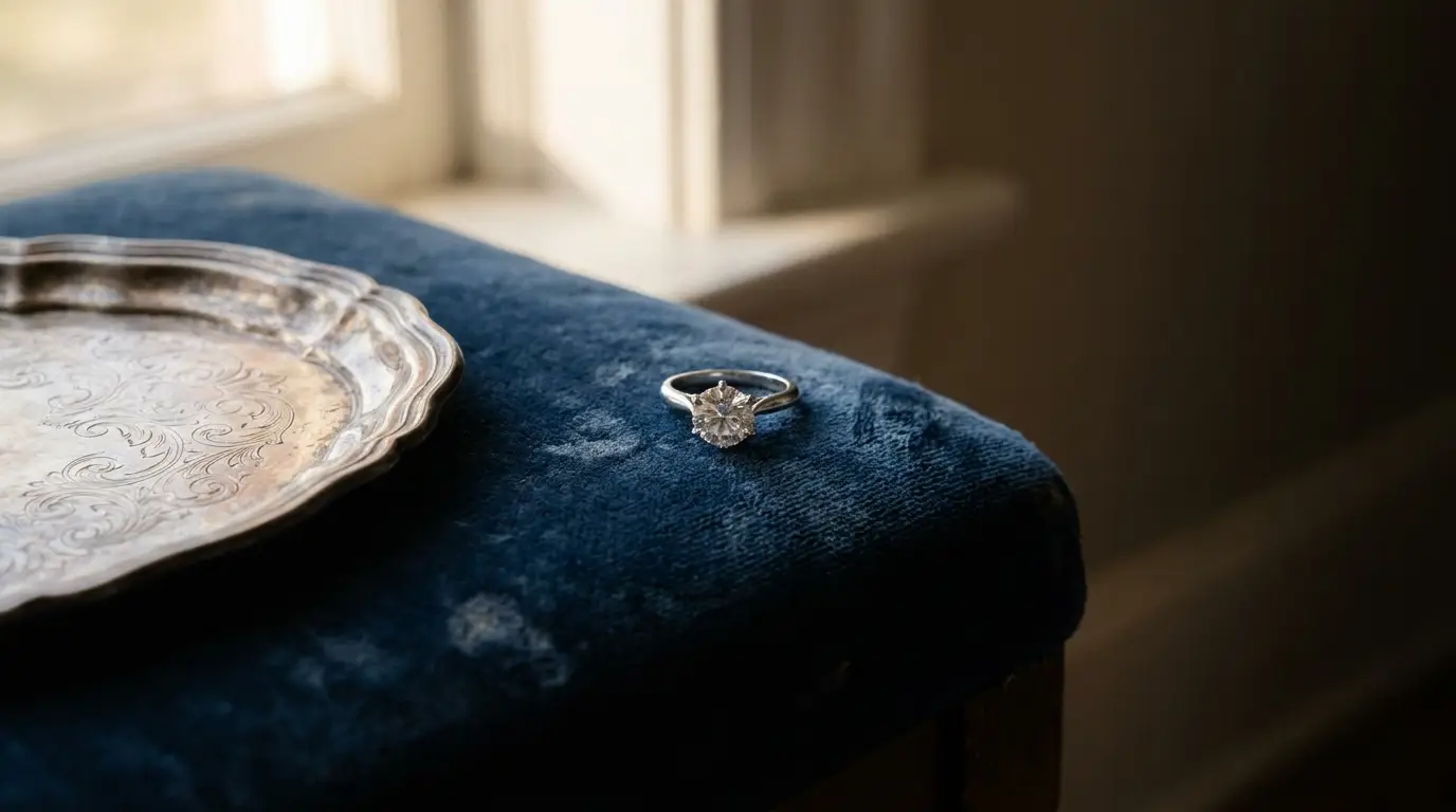 Diamond engagement ring on blue velvet surface beside ornate silver tray in soft lighting