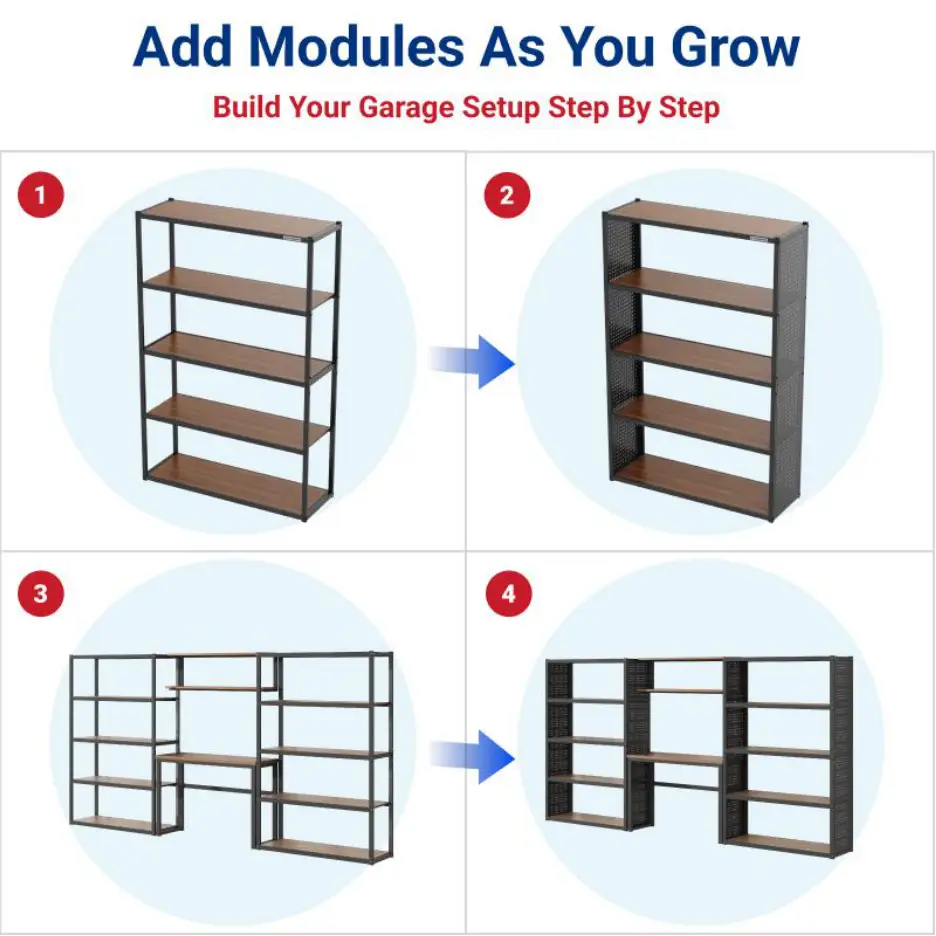 Step-by-step assembly of modular garage shelving units with brown shelves and black frames