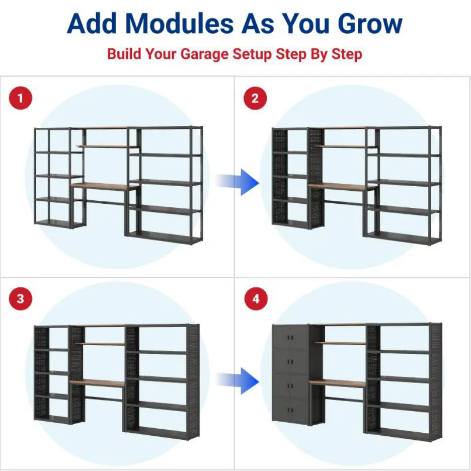 Modular metal shelving units being assembled step by step in sequence in a garage setup