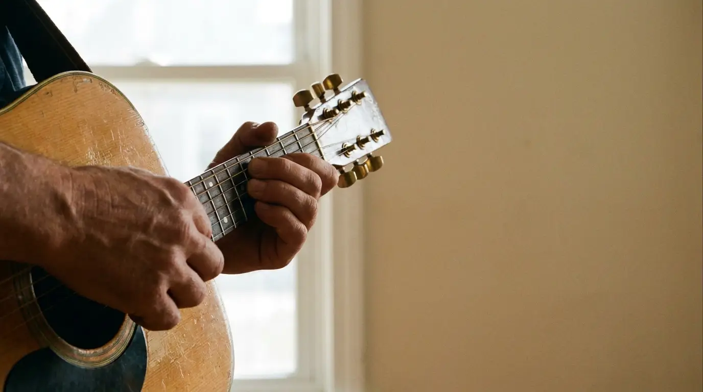 Hands playing acoustic guitar in softly lit indoor setting near window