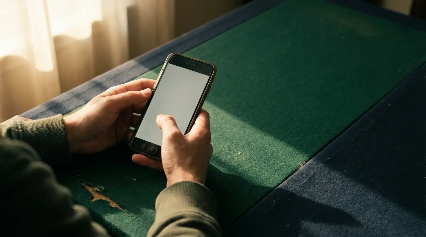 Person holding smartphone with blank screen over green felt table in natural light
