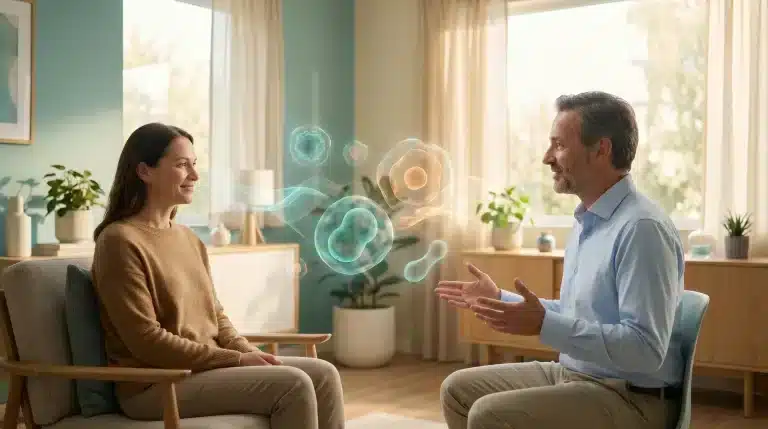 How AI is Quietly Transforming Healthcare for Everyday Patients Two people discussing holographic cell projections in a sunlit modern living room